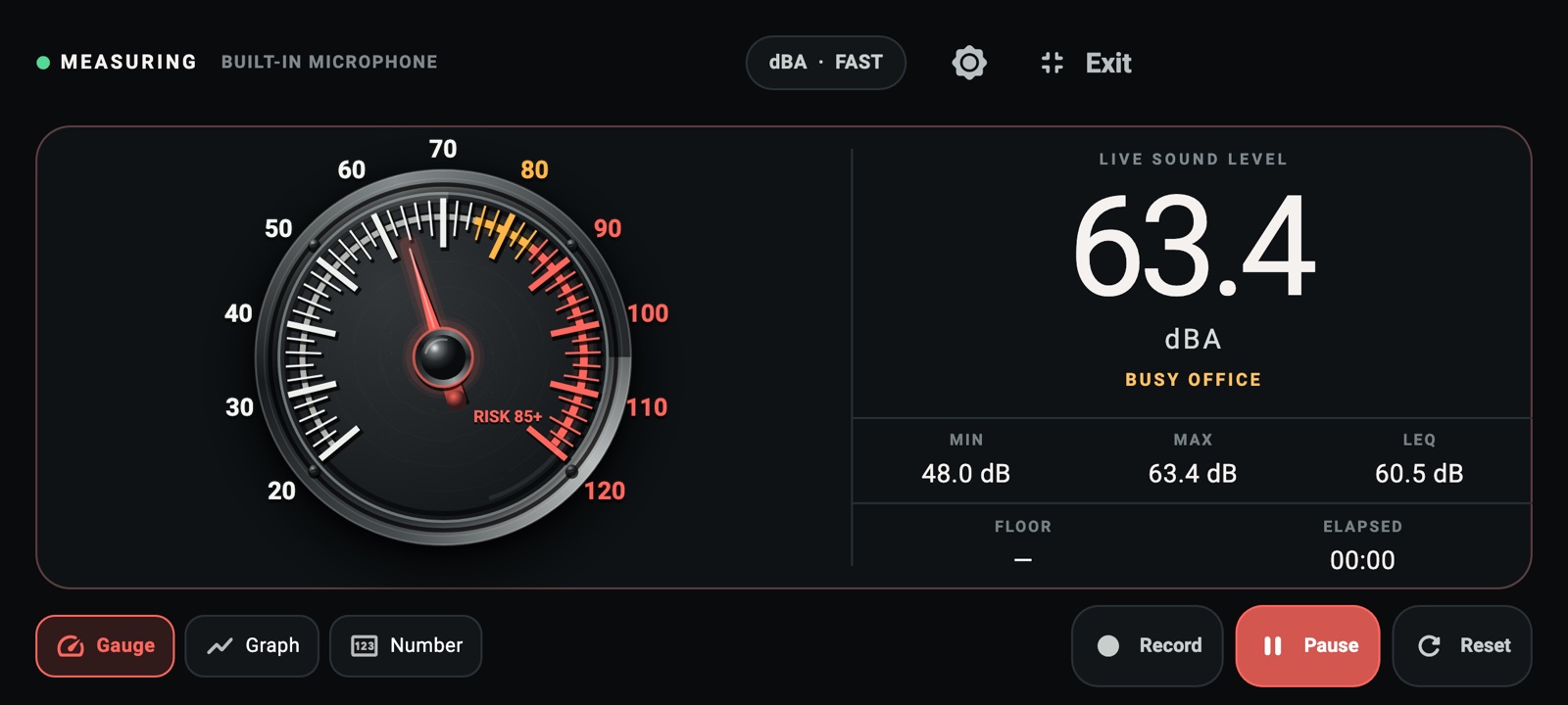 Landscape full-screen gauge with live dBA value, session statistics and recording controls