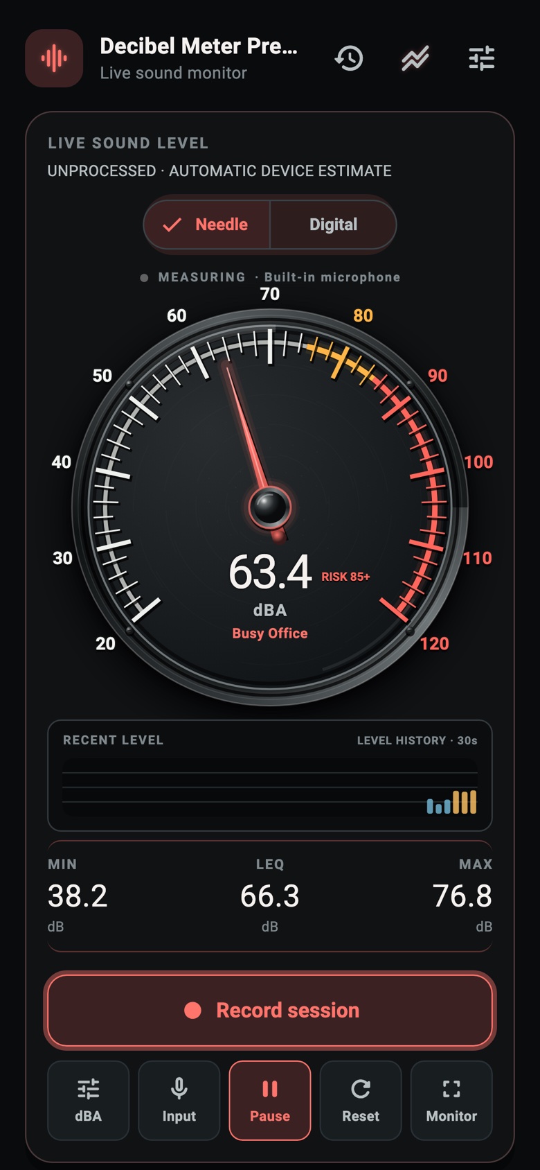 Field Meter Pro dark analog meter theme with history bars